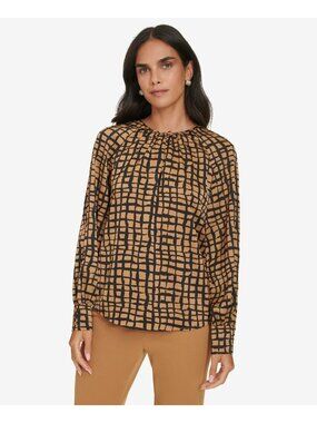 Calvin Klein Women's Printed Long-Sleeve Keyhole Blouse Brown Size L MSRP $89